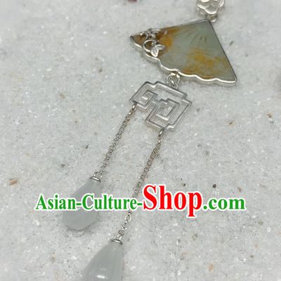 Handmade Chinese Mangnolia Tassel Necklace Accessories National Jade Fan Necklet Pendant