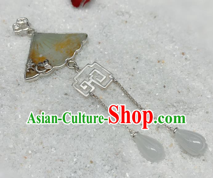 Handmade Chinese Mangnolia Tassel Necklace Accessories National Jade Fan Necklet Pendant Handmade Chinese Mangnolia Tassel Necklace Accessories National Jade Fan Necklet Pendant