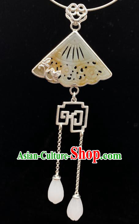 Handmade Chinese Mangnolia Tassel Necklace Accessories National Jade Fan Necklet Pendant Handmade Chinese Mangnolia Tassel Necklace Accessories National Jade Fan Necklet Pendant