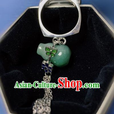Chinese Handmade Jadeite Gourd Ring National Silver Tassel Circlet Jewelry