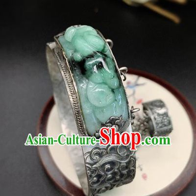 Handmade Chinese Silver Carving Bangle Accessories National Jadeite Bracelet