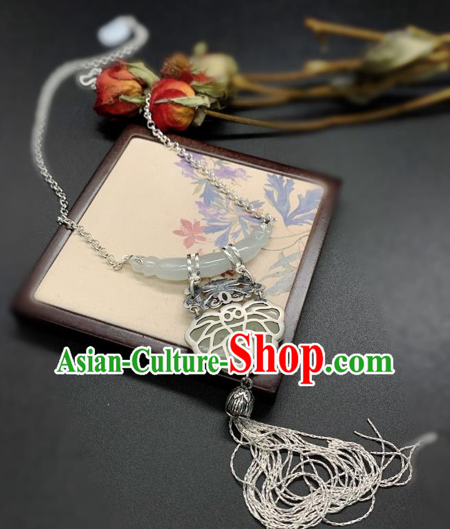 Handmade Chinese Jade Butterfly Necklace Accessories National Silver Tassel Necklet Pendant Handmade Chinese Jade Butterfly Necklace Accessories National Silver Tassel Necklet Pendant