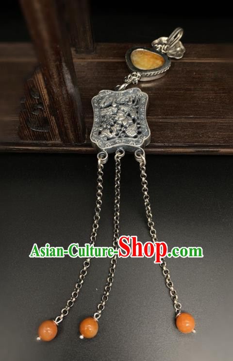 Handmade Chinese Jade Tassel Accessories National Silver Carving Brooch Pendant Handmade Chinese Jade Tassel Accessories National Silver Carving Brooch Pendant