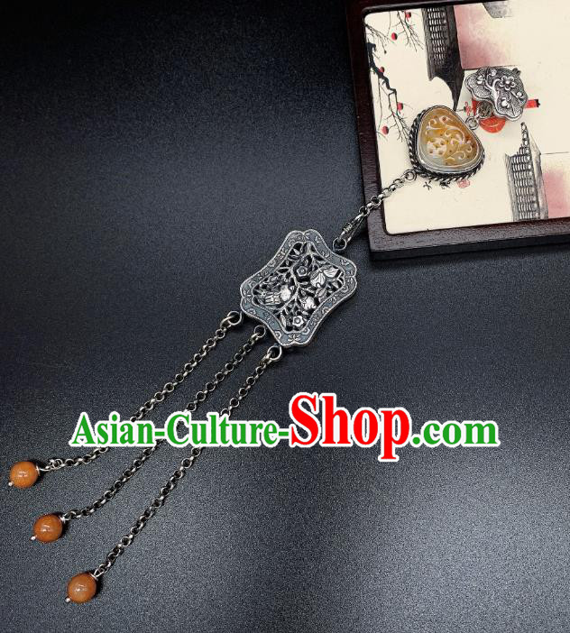 Handmade Chinese Jade Tassel Accessories National Silver Carving Brooch Pendant Handmade Chinese Jade Tassel Accessories National Silver Carving Brooch Pendant