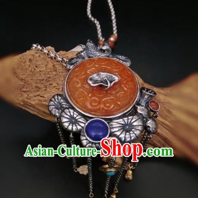 Handmade Chinese Silver Fish Necklace Accessories National Agate Carving Necklet Pendant
