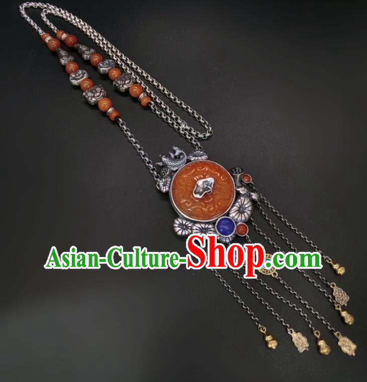 Handmade Chinese Silver Fish Necklace Accessories National Agate Carving Necklet Pendant Handmade Chinese Silver Fish Necklace Accessories National Agate Carving Necklet Pendant