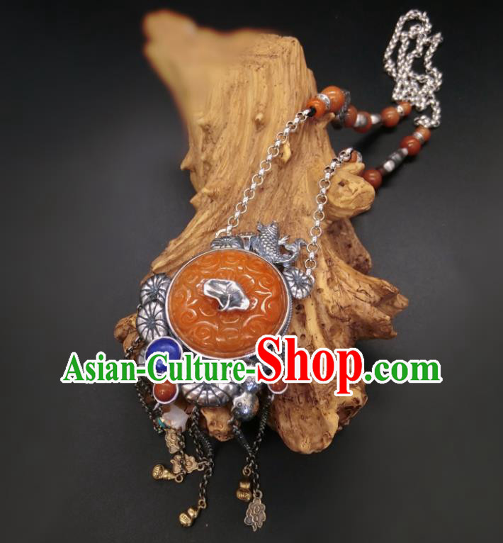 Handmade Chinese Silver Fish Necklace Accessories National Agate Carving Necklet Pendant Handmade Chinese Silver Fish Necklace Accessories National Agate Carving Necklet Pendant