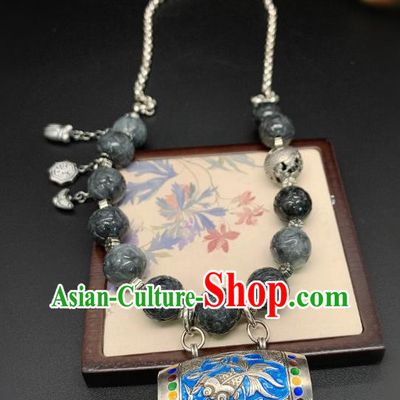 Handmade Chinese Black Jade Necklace Accessories National Blueing Fish Lotus Necklet Pendant