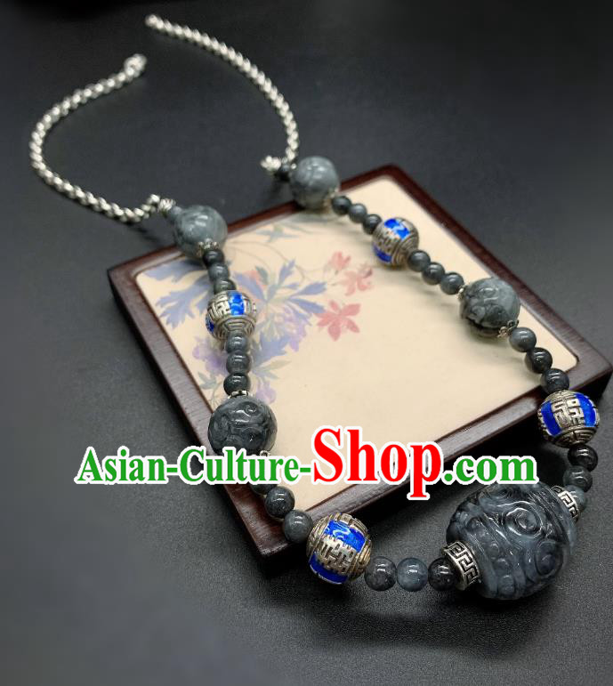 Handmade Chinese Blueing Silver Necklace Accessories National Black Jade Necklet Pendant Handmade Chinese Blueing Silver Necklace Accessories National Black Jade Necklet Pendant
