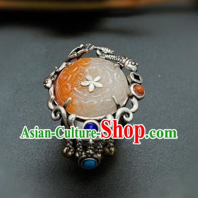 Chinese Handmade Silver Fish Ring National Agate Carving Circlet Jewelry
