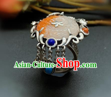 Chinese Handmade Silver Fish Ring National Agate Carving Circlet Jewelry Chinese Handmade Silver Fish Ring National Agate Carving Circlet Jewelry