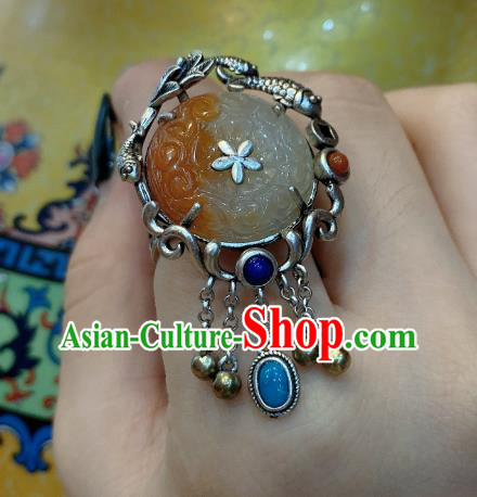 Chinese Handmade Silver Fish Ring National Agate Carving Circlet Jewelry Chinese Handmade Silver Fish Ring National Agate Carving Circlet Jewelry