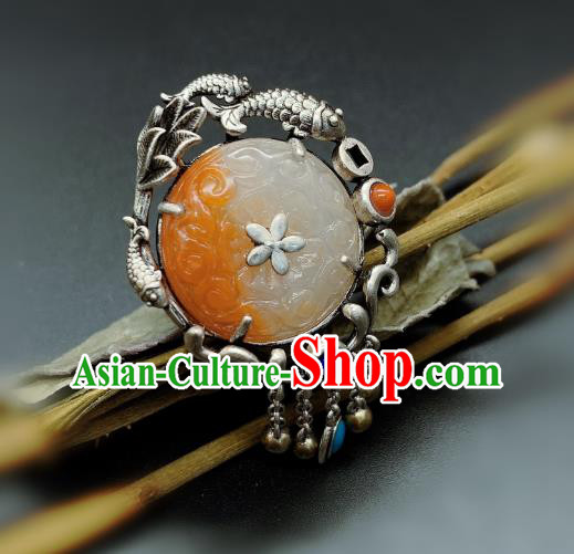 Chinese Handmade Silver Fish Ring National Agate Carving Circlet Jewelry Chinese Handmade Silver Fish Ring National Agate Carving Circlet Jewelry