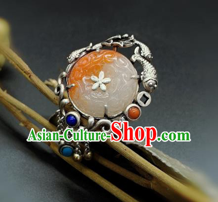 Chinese Handmade Silver Fish Ring National Agate Carving Circlet Jewelry Chinese Handmade Silver Fish Ring National Agate Carving Circlet Jewelry