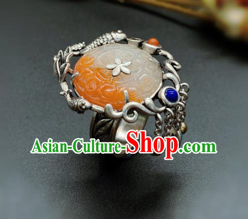 Chinese Handmade Silver Fish Ring National Agate Carving Circlet Jewelry Chinese Handmade Silver Fish Ring National Agate Carving Circlet Jewelry