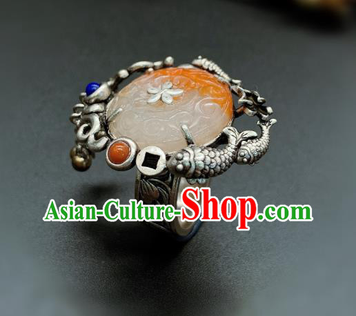 Chinese Handmade Silver Fish Ring National Agate Carving Circlet Jewelry Chinese Handmade Silver Fish Ring National Agate Carving Circlet Jewelry