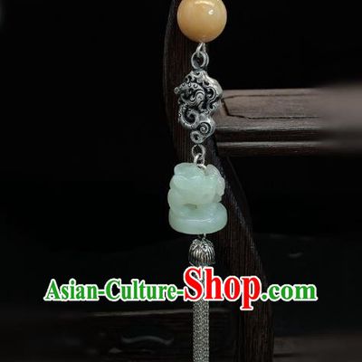 Handmade Chinese Silver Dragon Brooch Accessories National Jade Tassel Pendant