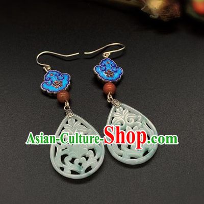 China Traditional Blueing Ear Accessories National Cheongsam Jade Carving Lotus Earrings Jewelry