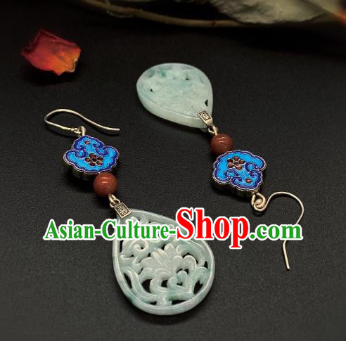 China Traditional Blueing Ear Accessories National Cheongsam Jade Carving Lotus Earrings Jewelry China Traditional Blueing Ear Accessories National Cheongsam Jade Carving Lotus Earrings Jewelry