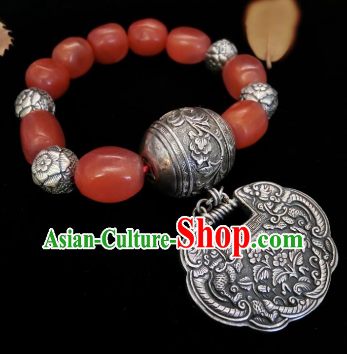 Handmade Chinese Wedding Silver Lock Bracelet National Agate Beads Wristlet Accessories Handmade Chinese Wedding Silver Lock Bracelet National Agate Beads Wristlet Accessories