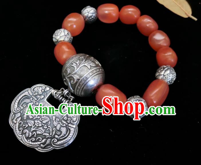 Handmade Chinese Wedding Silver Lock Bracelet National Agate Beads Wristlet Accessories Handmade Chinese Wedding Silver Lock Bracelet National Agate Beads Wristlet Accessories