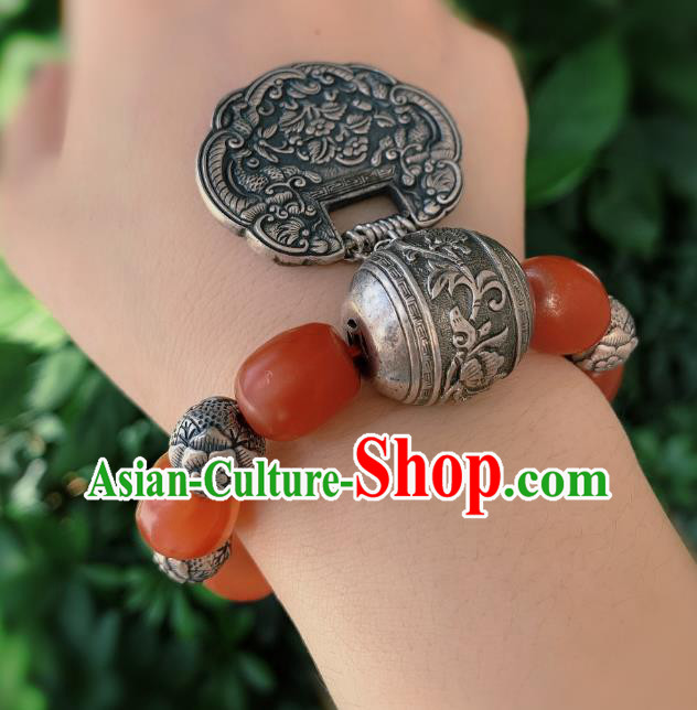 Handmade Chinese Wedding Silver Lock Bracelet National Agate Beads Wristlet Accessories Handmade Chinese Wedding Silver Lock Bracelet National Agate Beads Wristlet Accessories