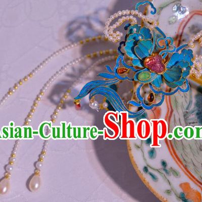 Chinese Traditional Hair Jewelry Pearls Tassel Hair Stick Ancient Qing Dynasty Empress Butterfly Hairpin