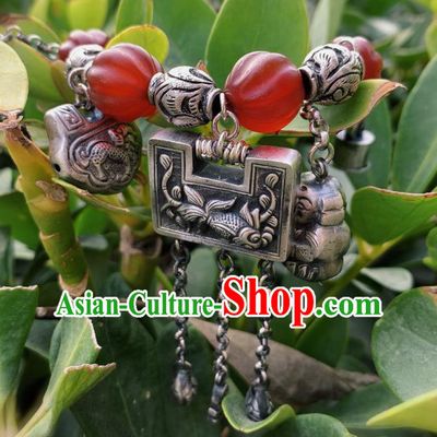 Handmade Chinese Silver Carving Bracelet National Agate Wristlet Wedding Accessories
