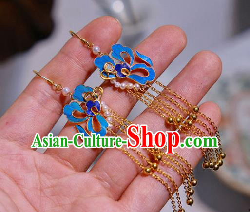 Chinese Traditional Blueing Butterfly Earrings Culture Jewelry Cheongsam Golden Tassel Ear Accessories Chinese Traditional Blueing Butterfly Earrings Culture Jewelry Cheongsam Golden Tassel Ear Accessories