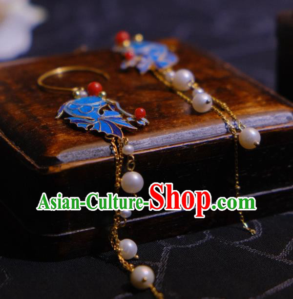 Chinese Cheongsam Pearls Tassel Ear Accessories Traditional Culture Jewelry Blueing Fish Earrings Chinese Cheongsam Pearls Tassel Ear Accessories Traditional Culture Jewelry Blueing Fish Earrings