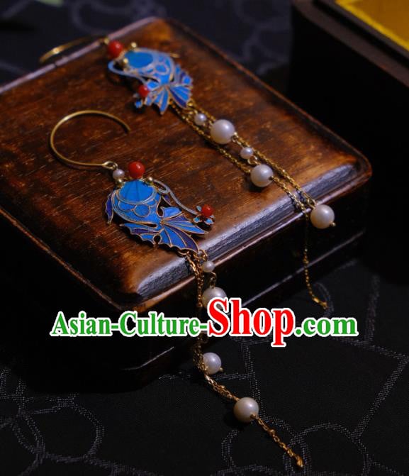 Chinese Cheongsam Pearls Tassel Ear Accessories Traditional Culture Jewelry Blueing Fish Earrings Chinese Cheongsam Pearls Tassel Ear Accessories Traditional Culture Jewelry Blueing Fish Earrings