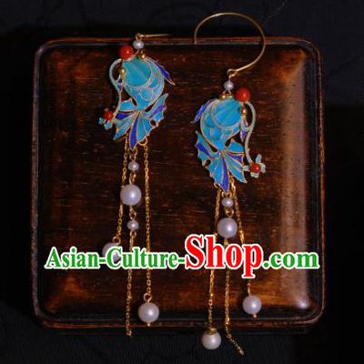 Chinese Cheongsam Pearls Tassel Ear Accessories Traditional Culture Jewelry Blueing Fish Earrings