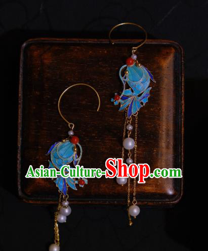 Chinese Cheongsam Pearls Tassel Ear Accessories Traditional Culture Jewelry Blueing Fish Earrings Chinese Cheongsam Pearls Tassel Ear Accessories Traditional Culture Jewelry Blueing Fish Earrings
