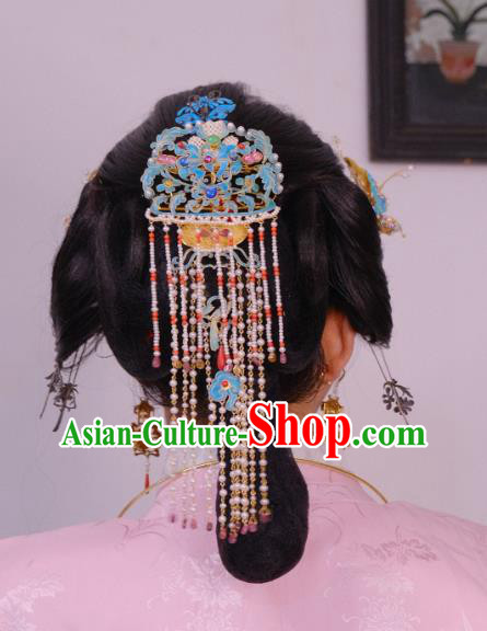 Chinese Traditional Hair Jewelry Blueing Hairpin Ancient Ming Dynasty Empress Pearls Tassel Hair Comb Chinese Traditional Hair Jewelry Blueing Hairpin Ancient Ming Dynasty Empress Pearls Tassel Hair Comb