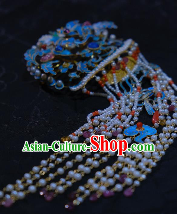 Chinese Traditional Hair Jewelry Blueing Hairpin Ancient Ming Dynasty Empress Pearls Tassel Hair Comb Chinese Traditional Hair Jewelry Blueing Hairpin Ancient Ming Dynasty Empress Pearls Tassel Hair Comb
