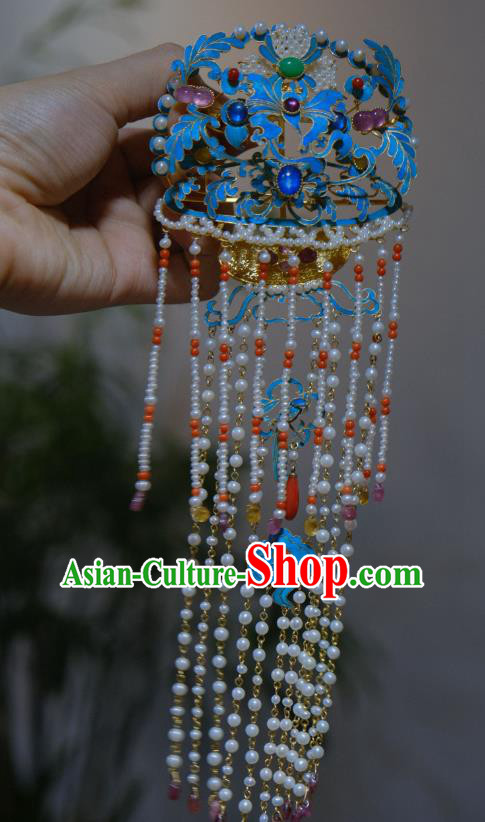Chinese Traditional Hair Jewelry Blueing Hairpin Ancient Ming Dynasty Empress Pearls Tassel Hair Comb Chinese Traditional Hair Jewelry Blueing Hairpin Ancient Ming Dynasty Empress Pearls Tassel Hair Comb