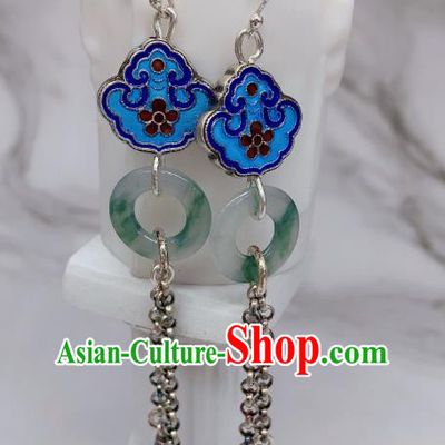 China Traditional Blueing Silver Ear Accessories National Cheongsam Jade Peace Buckle Earrings Jewelry