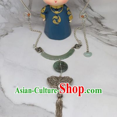 Handmade Chinese Wedding Silver Butterfly Tassel Necklace Pendant National Jadeite Necklet Accessories