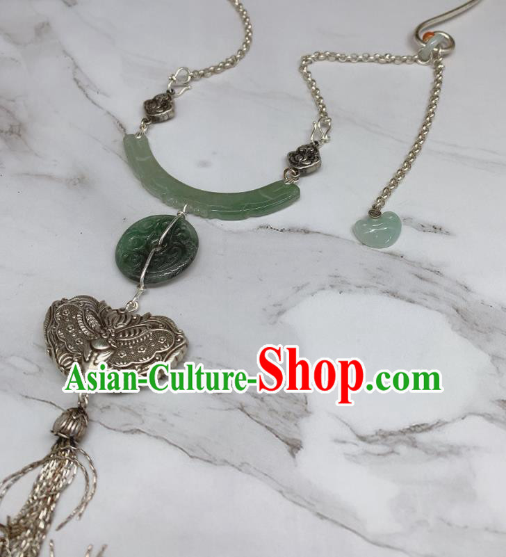 Handmade Chinese Wedding Silver Butterfly Tassel Necklace Pendant National Jadeite Necklet Accessories