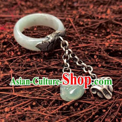 Chinese Handmade White Jade Ring National Silver Tassel Circlet Jewelry