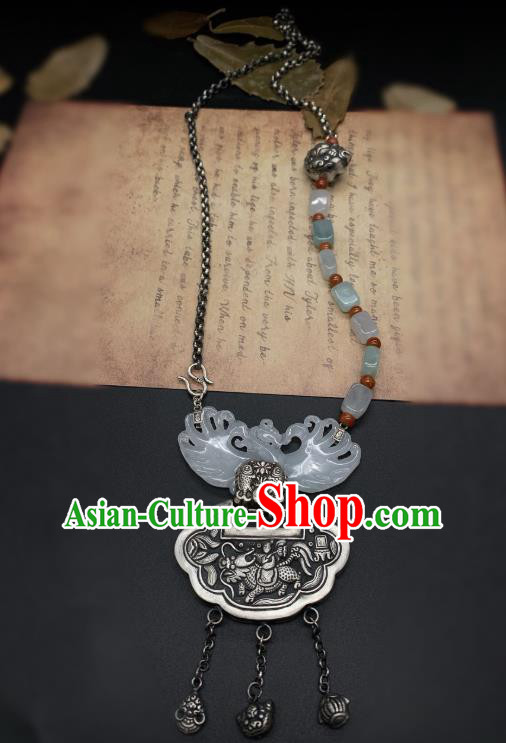 Handmade Chinese Jade Carving Phoenix Necklace Pendant National Silver Lock Tassel Necklet Accessories Handmade Chinese Jade Carving Phoenix Necklace Pendant National Silver Lock Tassel Necklet Accessories