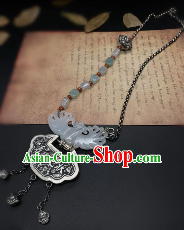 Handmade Chinese Jade Carving Phoenix Necklace Pendant National Silver Lock Tassel Necklet Accessories Handmade Chinese Jade Carving Phoenix Necklace Pendant National Silver Lock Tassel Necklet Accessories