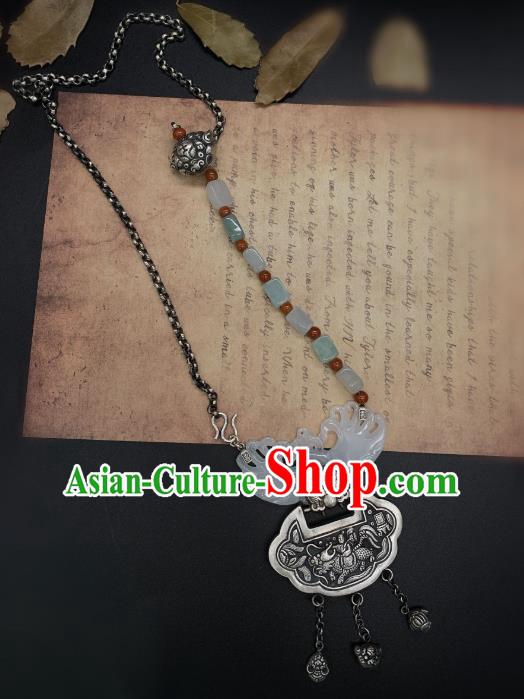 Handmade Chinese Jade Carving Phoenix Necklace Pendant National Silver Lock Tassel Necklet Accessories Handmade Chinese Jade Carving Phoenix Necklace Pendant National Silver Lock Tassel Necklet Accessories