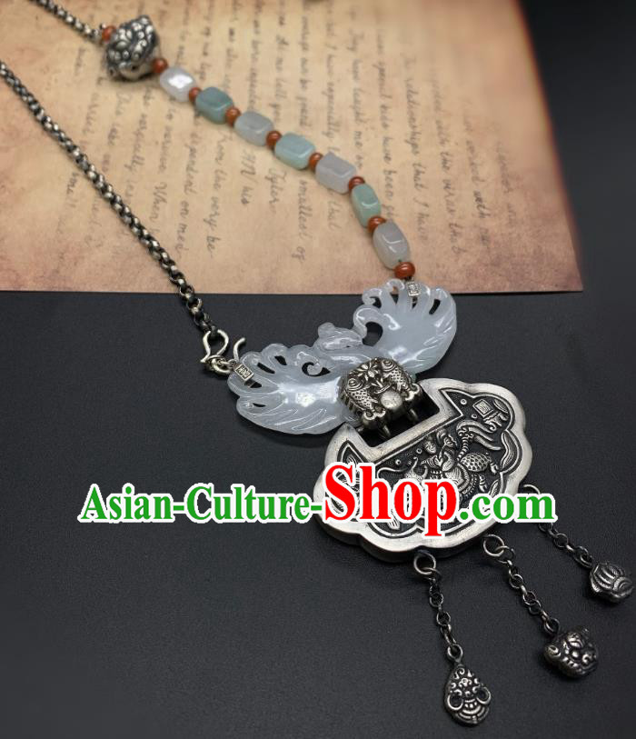 Handmade Chinese Jade Carving Phoenix Necklace Pendant National Silver Lock Tassel Necklet Accessories Handmade Chinese Jade Carving Phoenix Necklace Pendant National Silver Lock Tassel Necklet Accessories