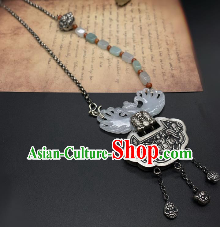 Handmade Chinese Jade Carving Phoenix Necklace Pendant National Silver Lock Tassel Necklet Accessories Handmade Chinese Jade Carving Phoenix Necklace Pendant National Silver Lock Tassel Necklet Accessories