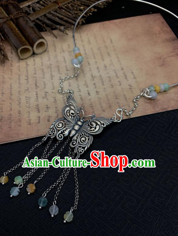 Handmade Chinese Silver Butterfly Necklace Accessories National Jade Tassel Necklet Pendant Handmade Chinese Silver Butterfly Necklace Accessories National Jade Tassel Necklet Pendant