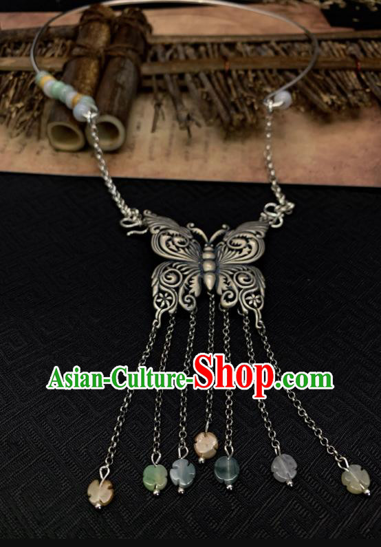 Handmade Chinese Silver Butterfly Necklace Accessories National Jade Tassel Necklet Pendant Handmade Chinese Silver Butterfly Necklace Accessories National Jade Tassel Necklet Pendant