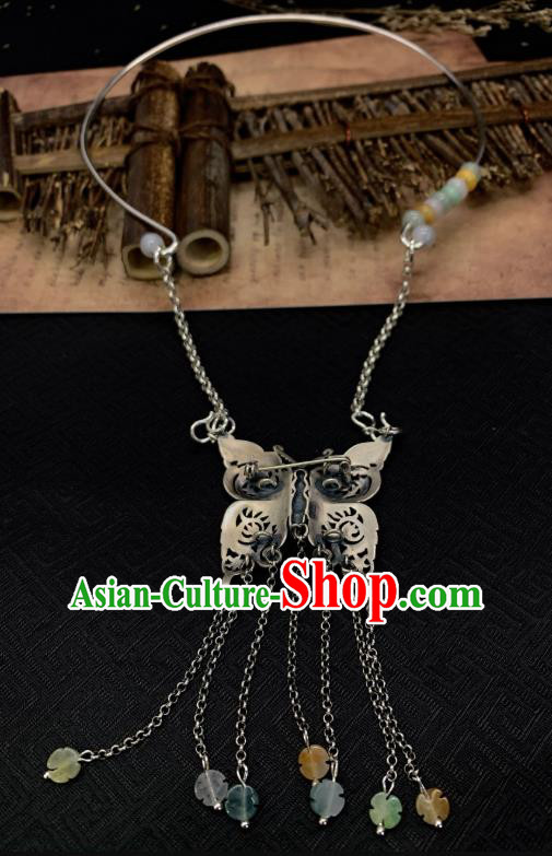 Handmade Chinese Silver Butterfly Necklace Accessories National Jade Tassel Necklet Pendant Handmade Chinese Silver Butterfly Necklace Accessories National Jade Tassel Necklet Pendant