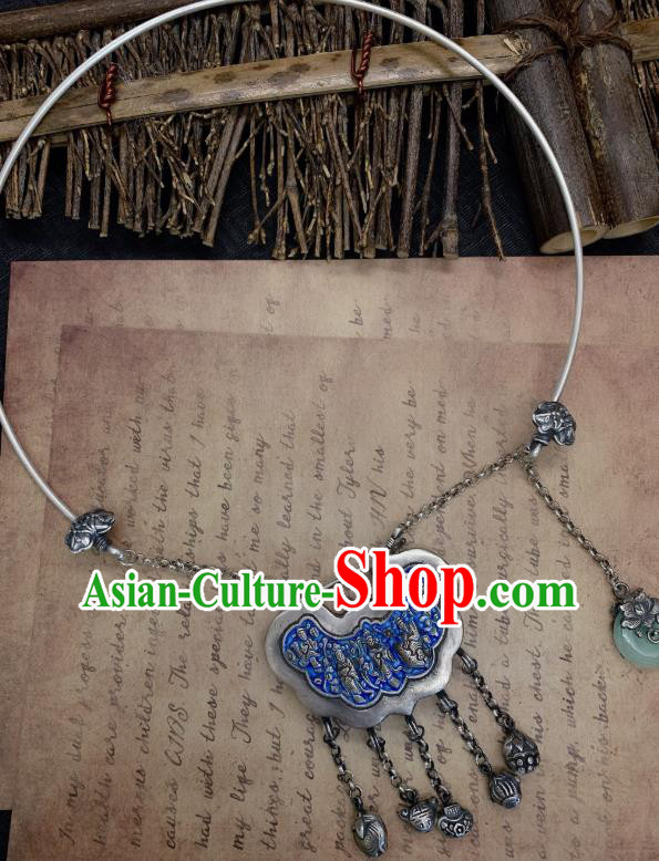 Handmade Chinese Blueing Longevity Lock Necklace Accessories National Silver Necklet Pendant