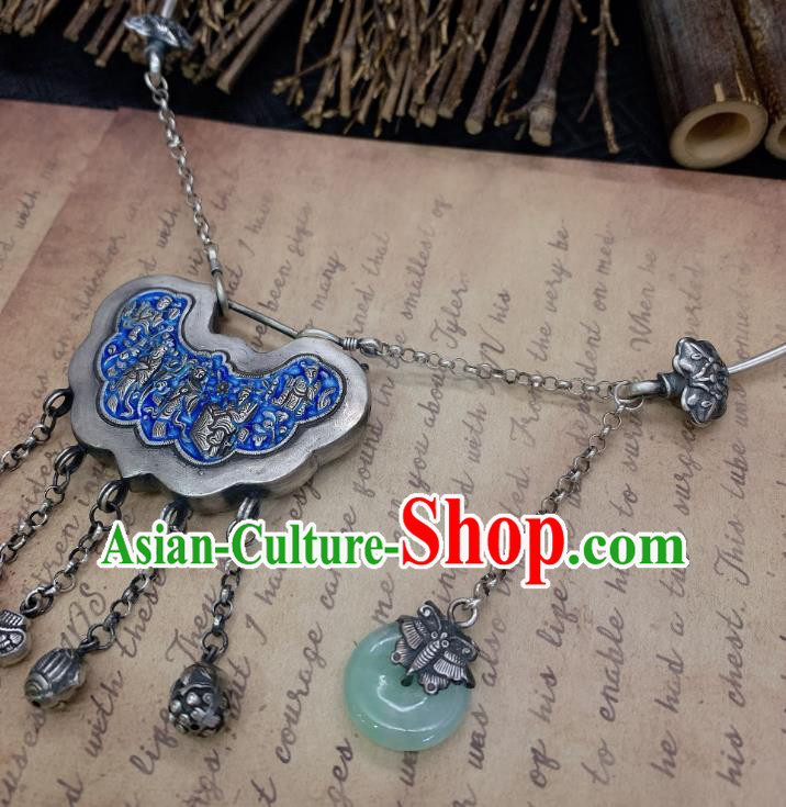 Handmade Chinese Blueing Longevity Lock Necklace Accessories National Silver Necklet Pendant